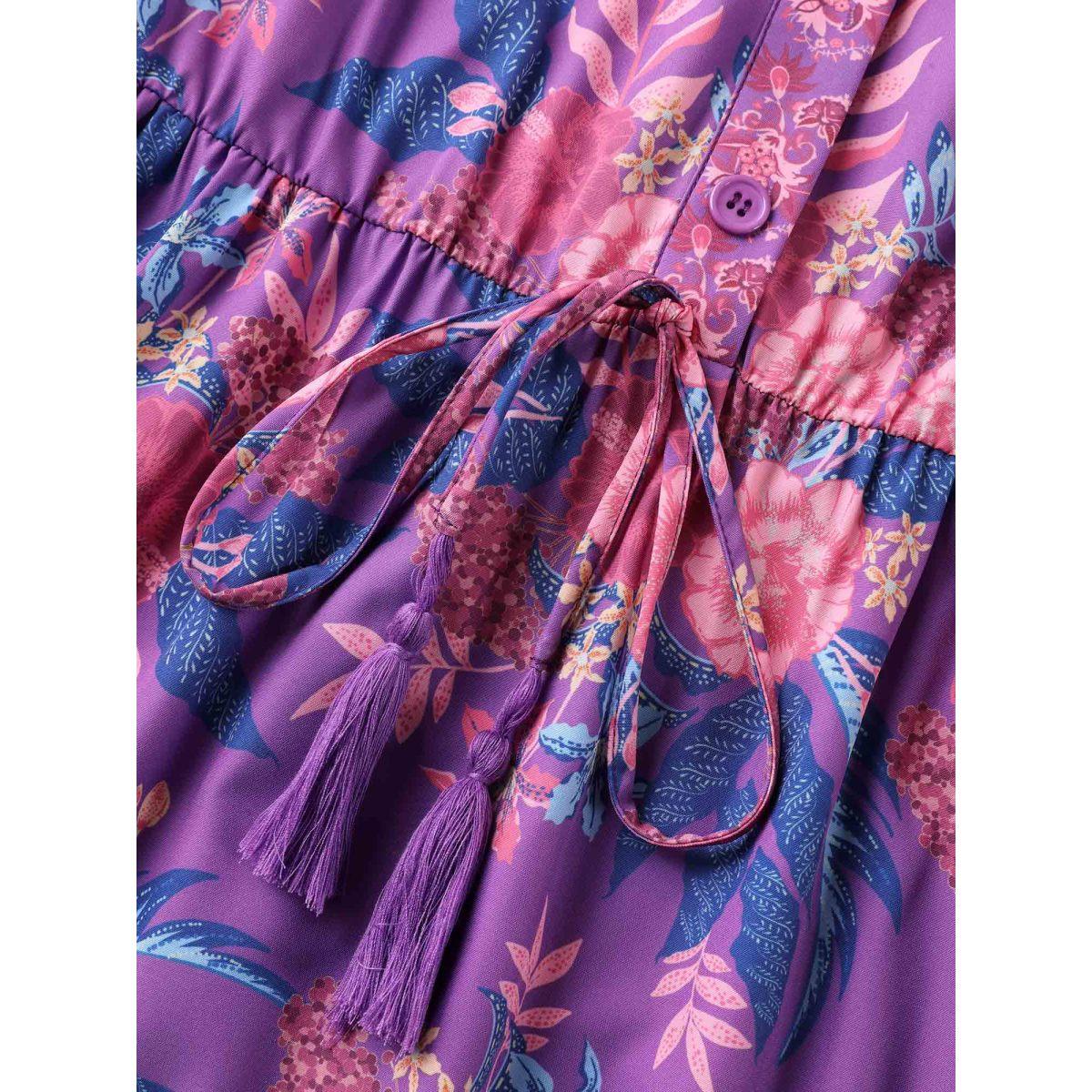 Plus Size Large Flower Print Split Neck Midi Dress DarkViolet Women Notched collar Elbow-length sleeve Curvy BloomChic 14-16/1X Product Image