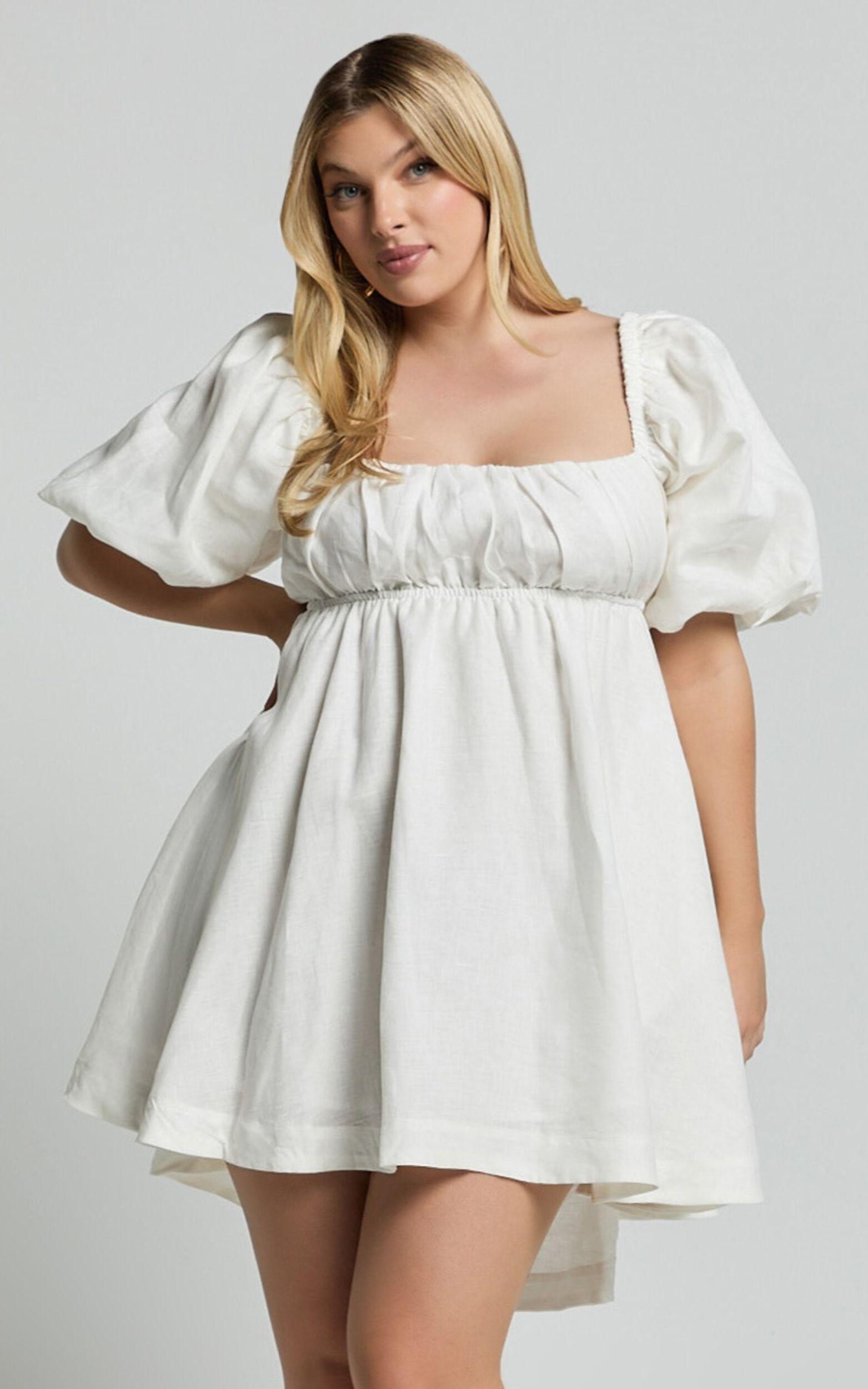 Amalie The Label - Hamyya Linen Tie Back Puff Sleeve Mini Linen Dress in White Product Image