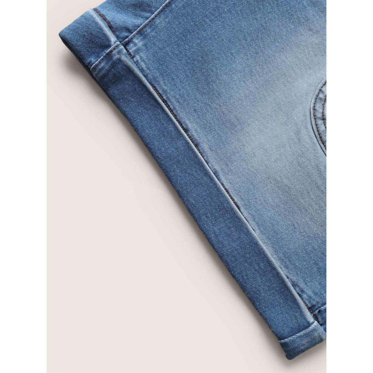 Plus Size Medium Wash Drawstring Roll Hem Denim Shorts Women Midblue Roll Hem High stretch Everyday Slanted pocket Casual Denim Shorts BloomChic 12/L Product Image