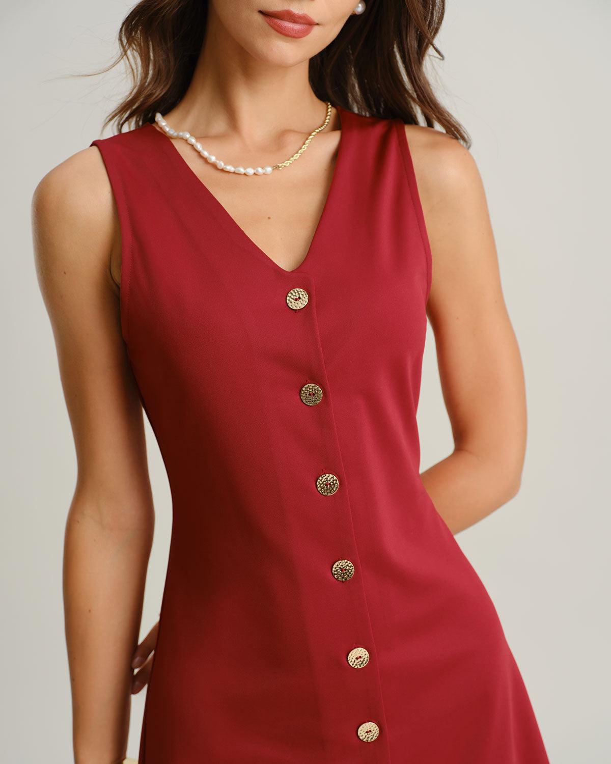 Red V Neck Sleeveless Mini Dress Product Image