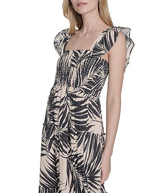 Vince Camuto Smocked Printed Square Neck Sleeveless Tiered Fit And Flare Midi Dress Product Image
