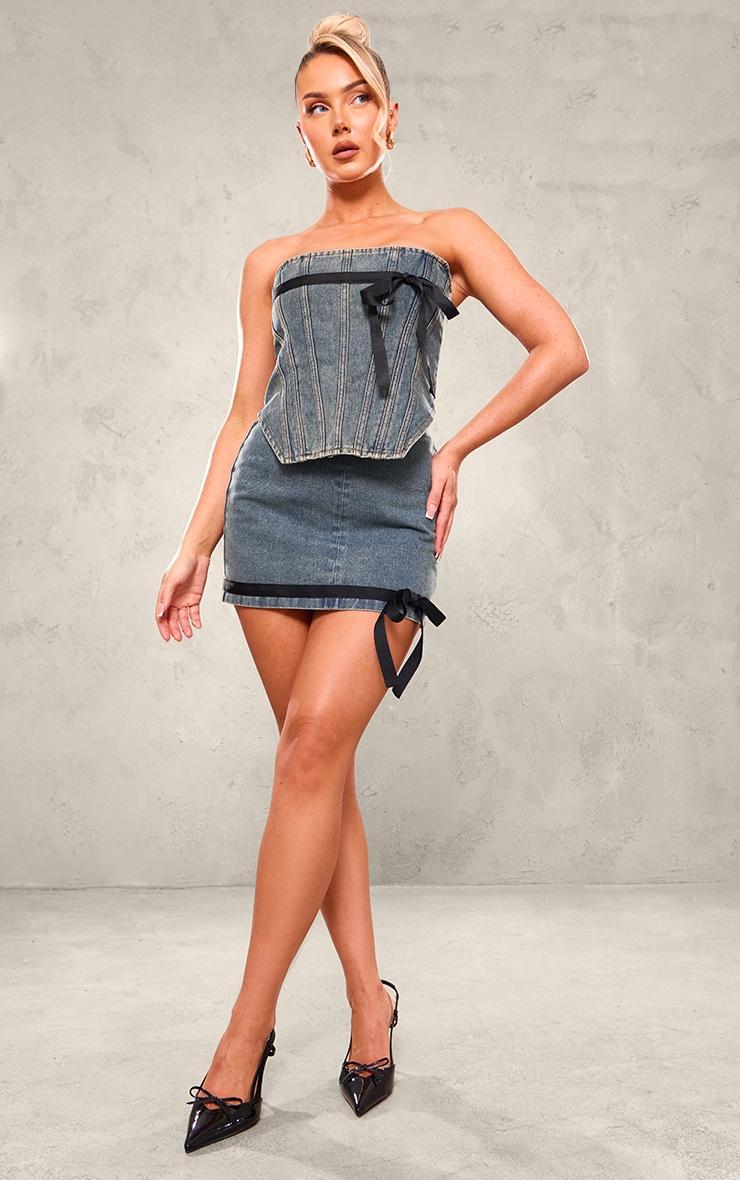  Vintage Mid Wash Contrast Bow Detail Denim Corset Top Product Image