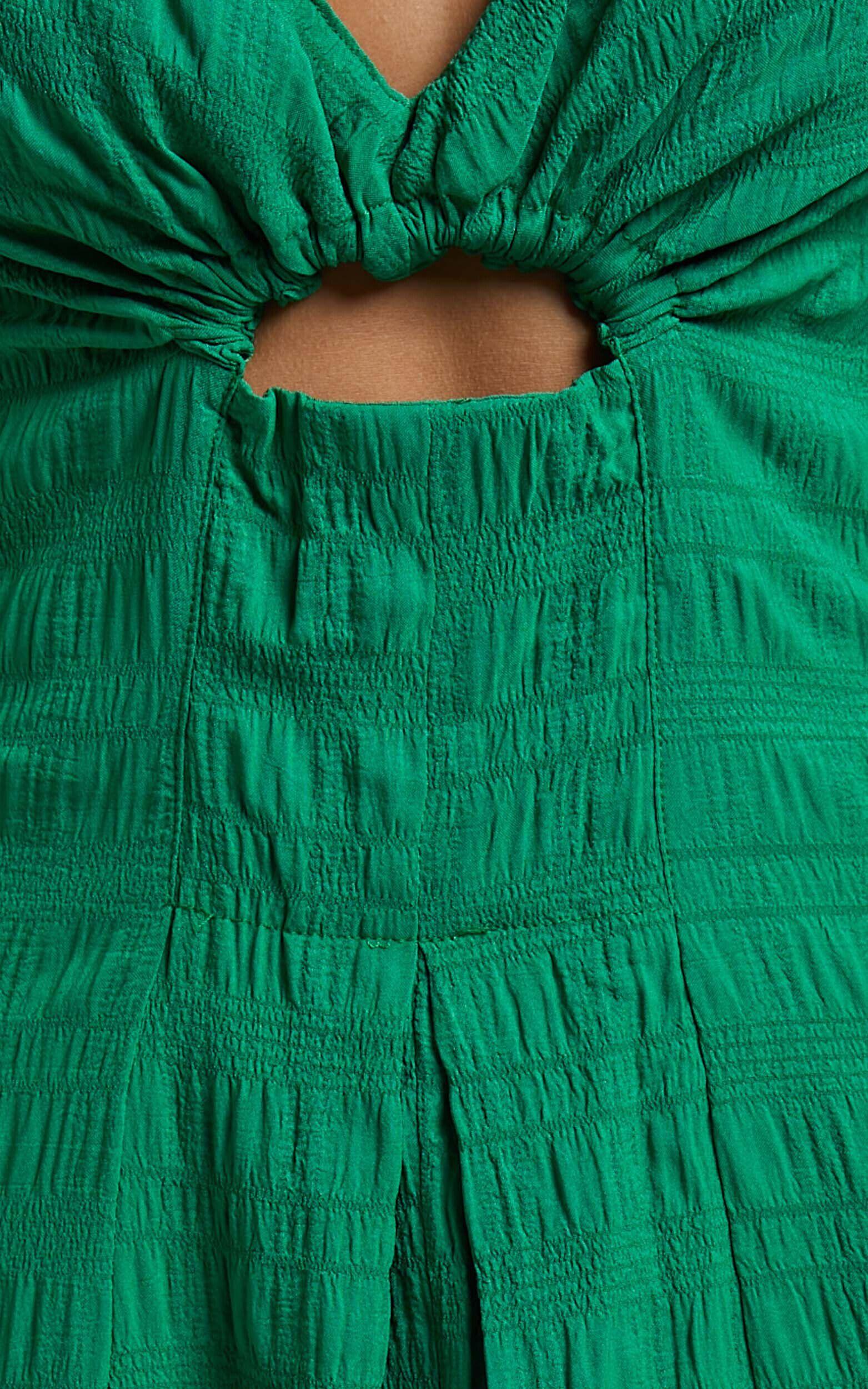 Marisse Maxi Dress - Cut Out Front Split Cross Back Textured Dress in Green Product Image