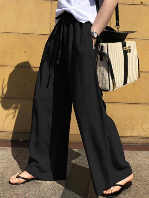 High Waisted Loose Drawstring Pockets Solid Color Pants Trousers Product Image