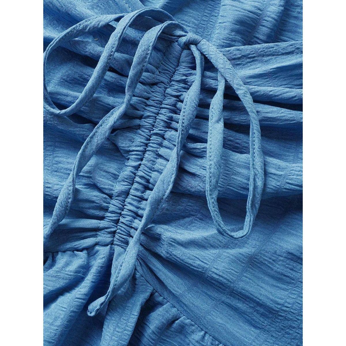 Plus Size Plain Ruched Drawstring Pocket Ruffle Tiered Dress Cerulean Women Timeless Non V-neck Short sleeve Curvy Midi Dress BloomChic 28/5X Product Image