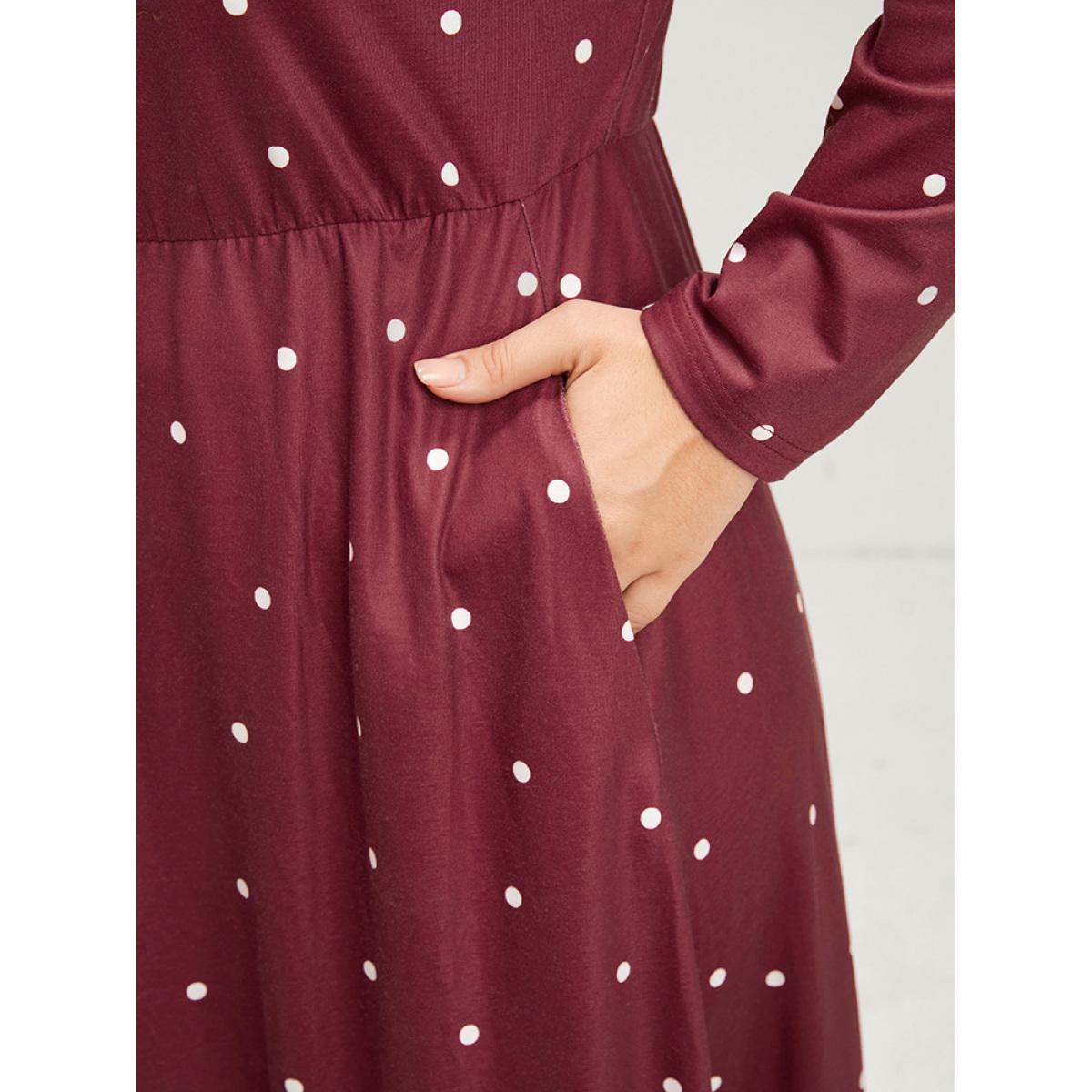 Plus Size Polka Dot Pocket Round Neck Midi Dress DustyPink Women Elegant Pocket Round Neck Long Sleeve Curvy Midi Dress BloomChic 14-16/1X Product Image