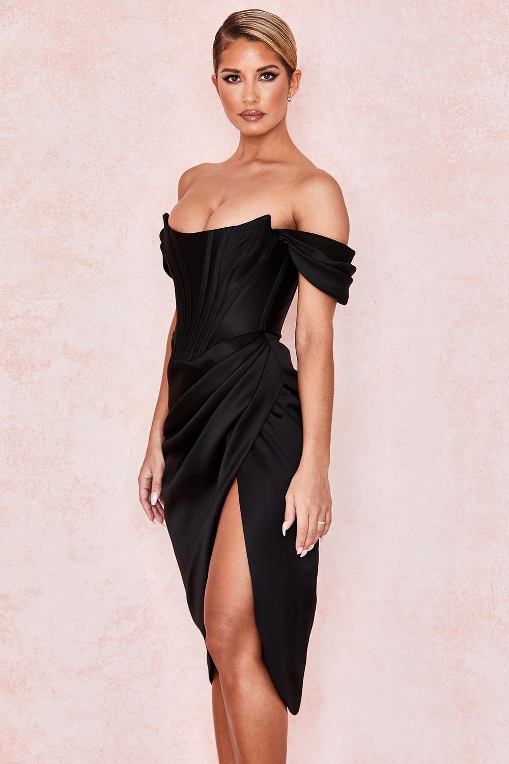 Loretta  black satin off shoulder dress Product Image