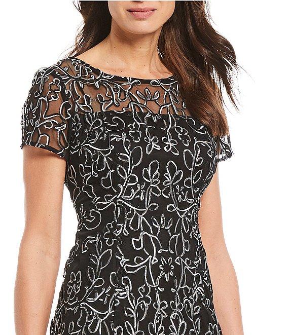 Ignite Evenings Embroidered Soutache Floral Lace Illusion Round Neck Short Sleeve Midi Dress Product Image