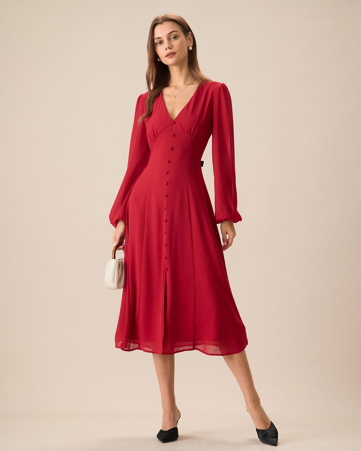 Women's Red V-Neck Puff Sleeve Slit Midi Dress Female Product Image