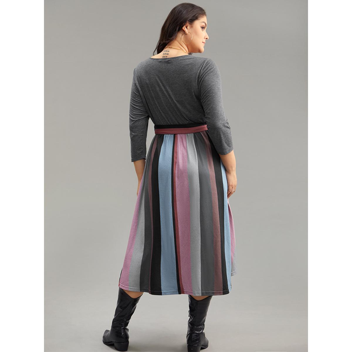 Plus Size Striped Contrast Patchwork Belted Dress DimGray Women Casual Belted Round Neck Elbow-length sleeve Curvy Midi Dress BloomChic 26/4X Product Image