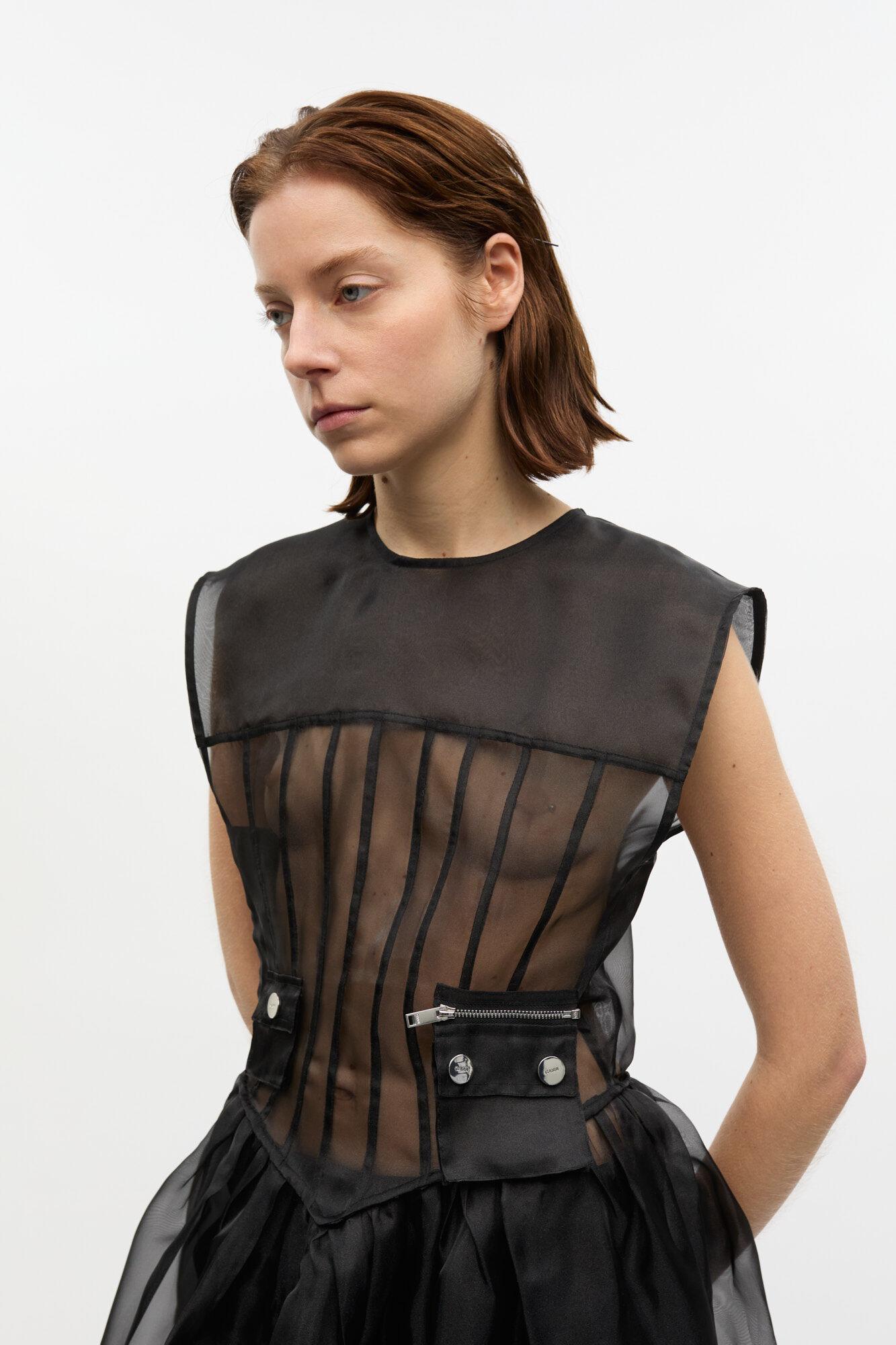 Black Technical Organza Corset Midi Dress Product Image