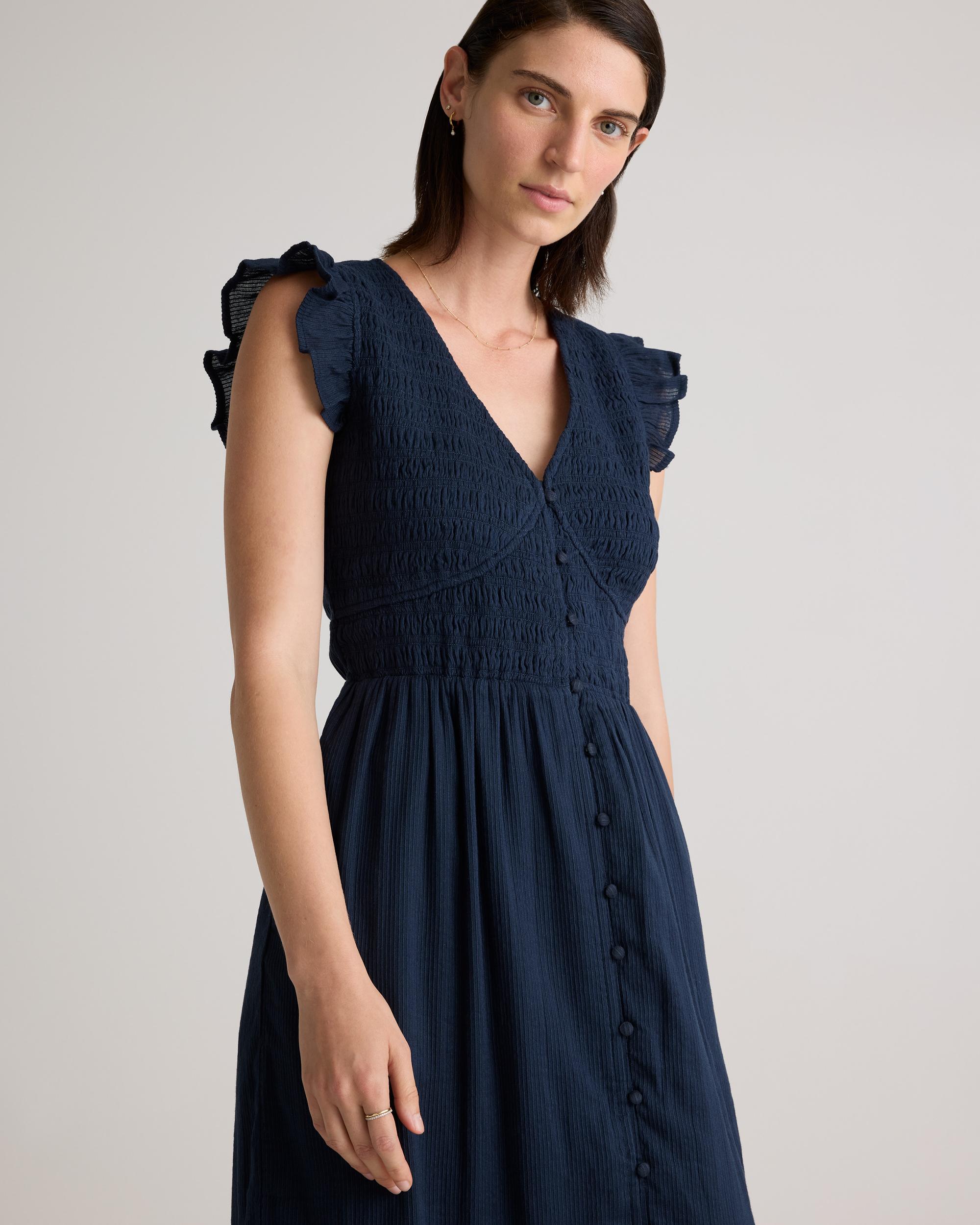 Quince | Women's Organic Textured Cotton Smocked V-Neck Midi Dress Size XS, Organic Cotton Product Image