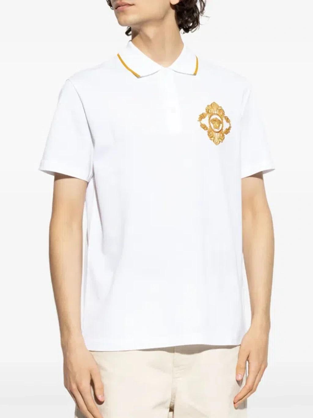 VERSACE Embroidered Architectural Baroque Polo T-shirt In White Product Image