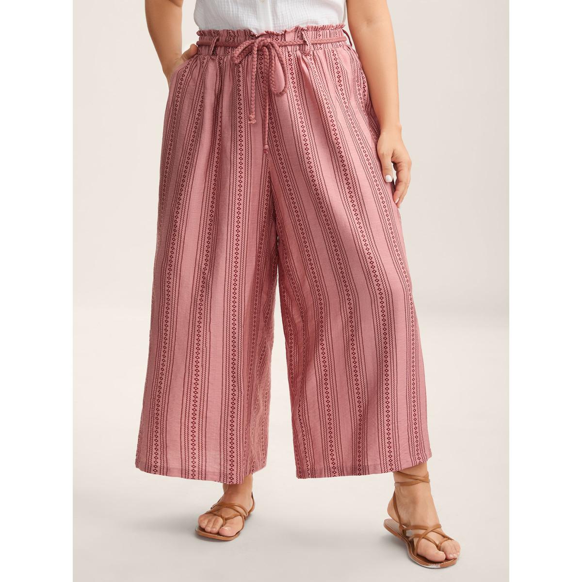 Plus Size Stripe Print Drawstring Wide-Leg Pants Women Rouge Boho Wide Leg Mid Rise Vacation Pants BloomChic 28/5X Product Image