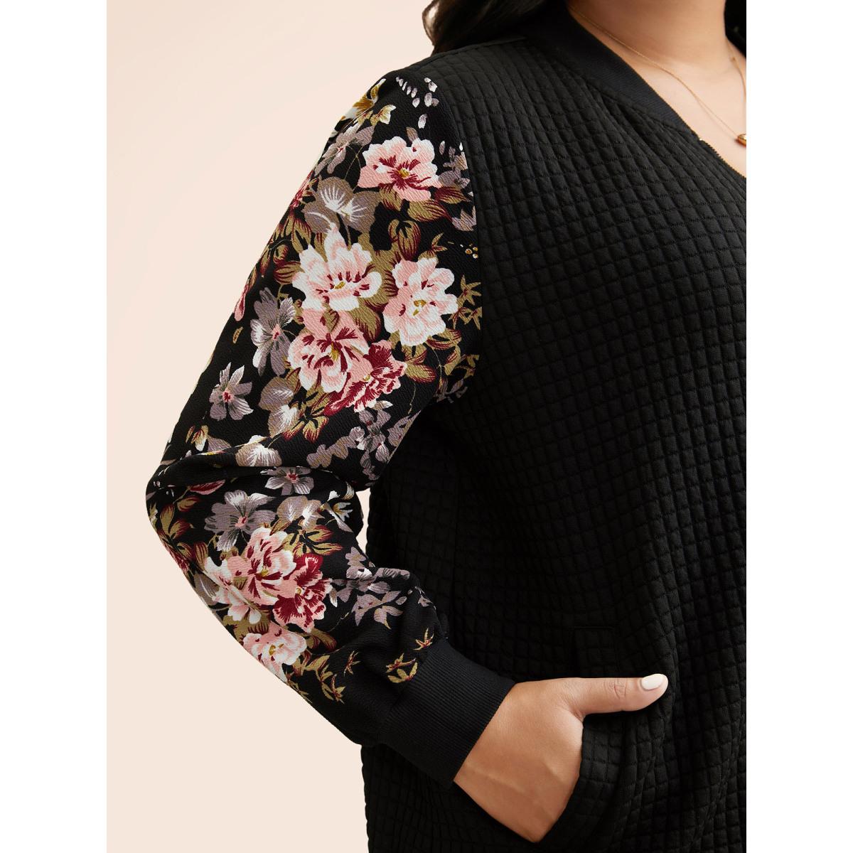 Plus Size Natural Flowers Patchwork Texture Jacket Women Black Texture Slanted pocket Everyday Jackets BloomChic 30/6X Product Image