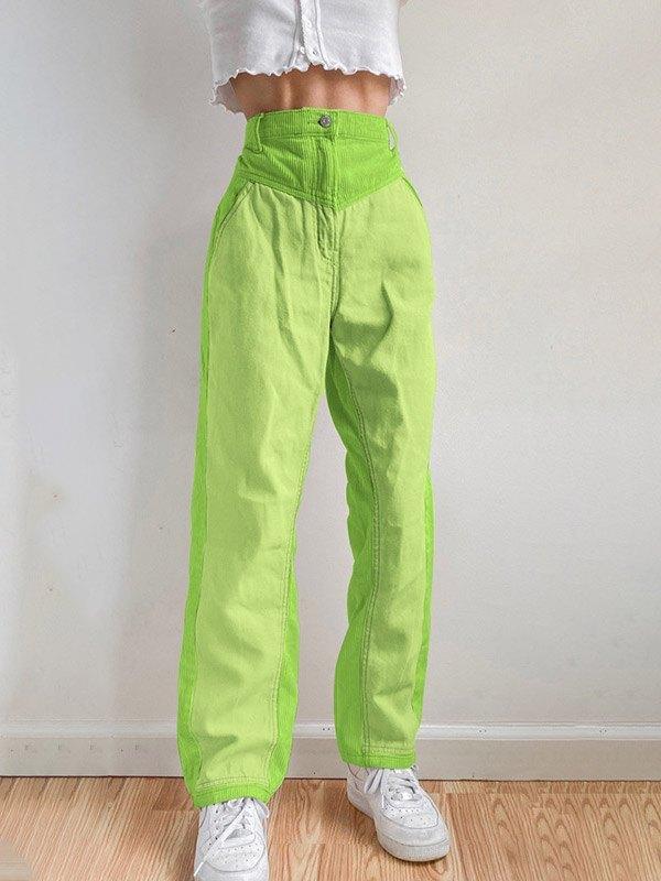 Corduroy Patchwork High Waist Straight Pants Product Image