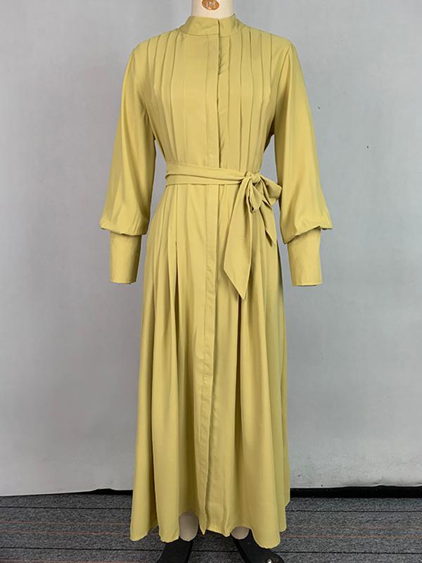 A-Line Long Sleeves Buttoned Pleated Pockets Solid Color Tied Waist V-Neck Maxi Dresses Product Image