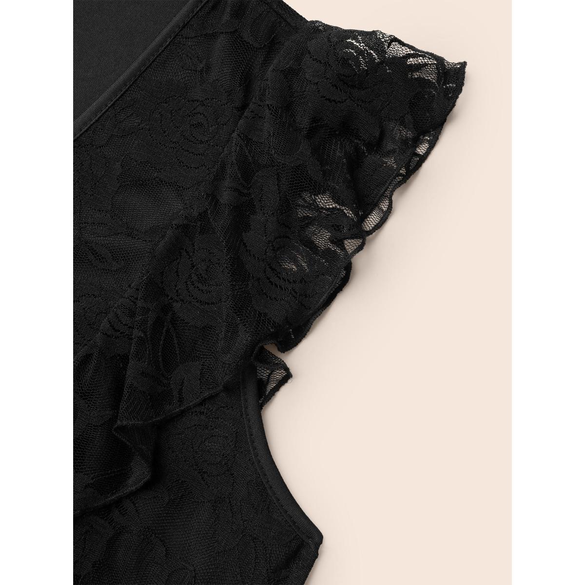 Plus Size Lace Ruffled Sleeve Waist-Cinched Midi Dress Black Women Elegant Texture Knit Dresses Bloomchic 26/4X Product Image