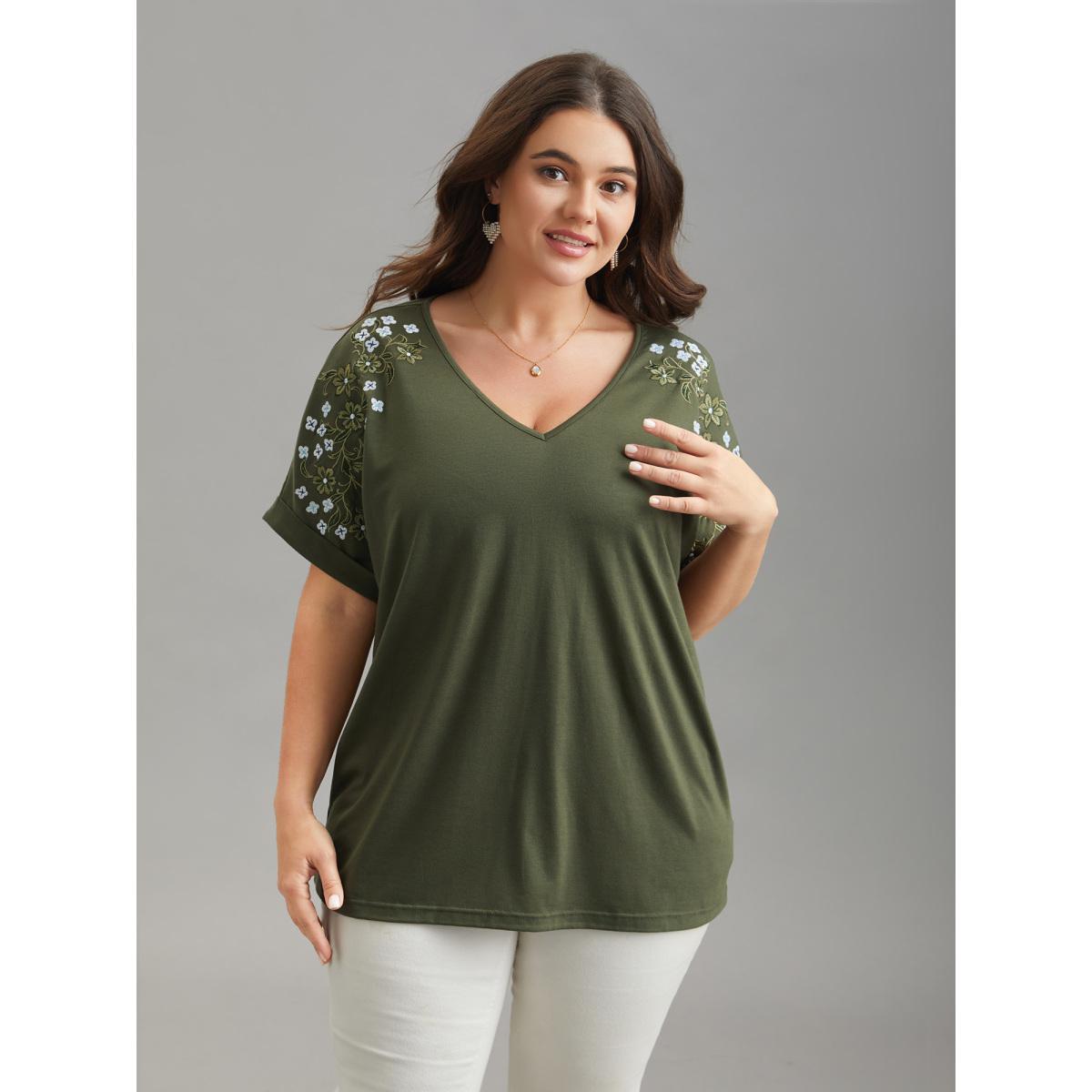 Plus Size Stretchy Embroidered Drop Shoulder T-Shirt ArmyGreen Women Timeless Roll Hem V-neck Elegant T-shirts BloomChic 22-24/3X Product Image