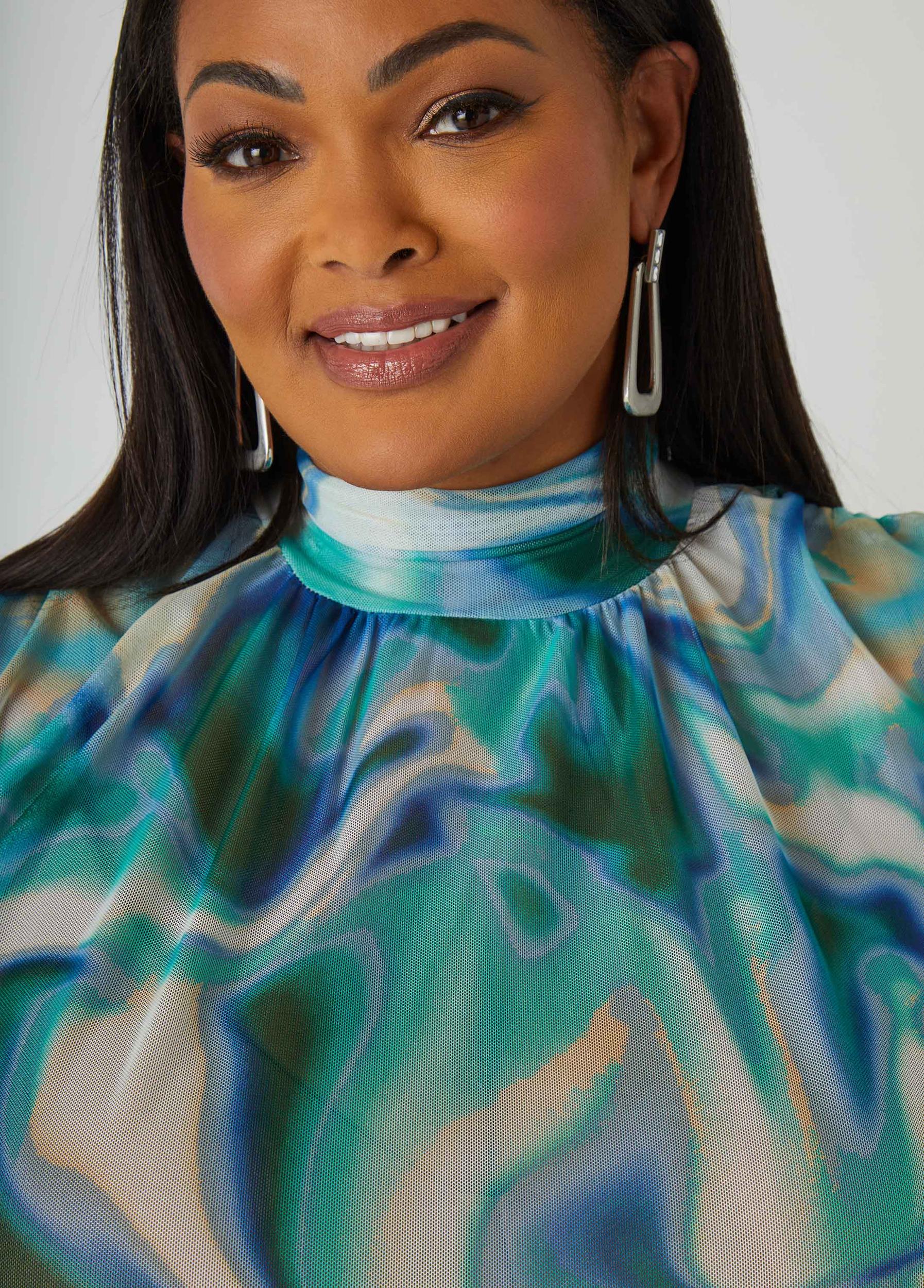 Printed Mesh Mock Neck Top Product Image