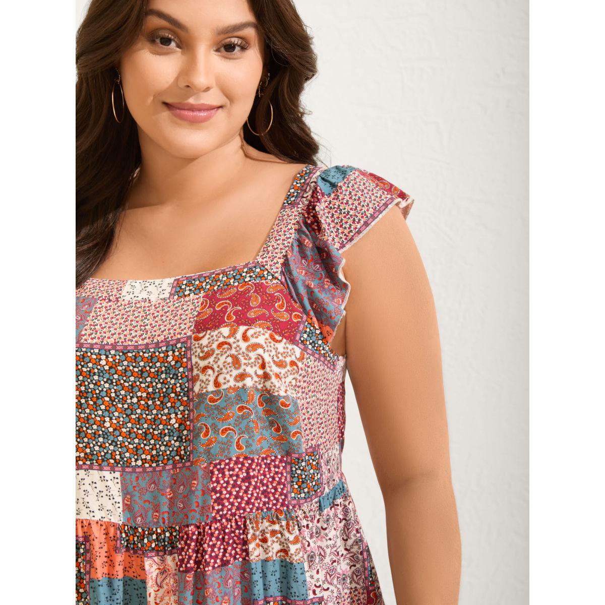 Plus Size Floral Collage Print Layered Tank Top Women Aegean Boho Gathered Square Neck Vacation Tank Tops Camis BloomChic 26/4X Product Image