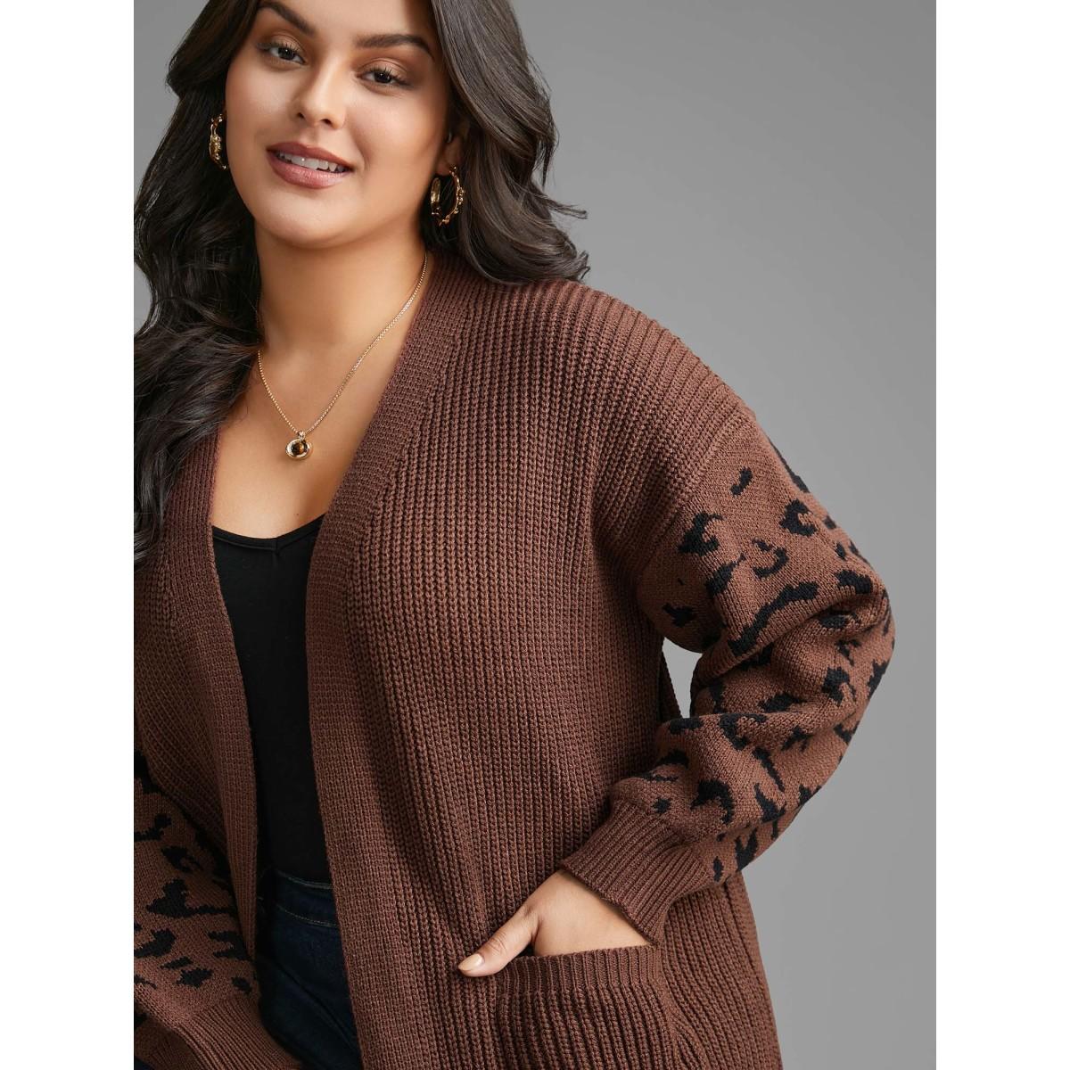 Plus Size Leopard Print Patchwork Lantern Sleeve Cardigan Browncoffeecolor Women Casual Loose Long Sleeve Everyday Cardigans BloomChic 10/M Product Image
