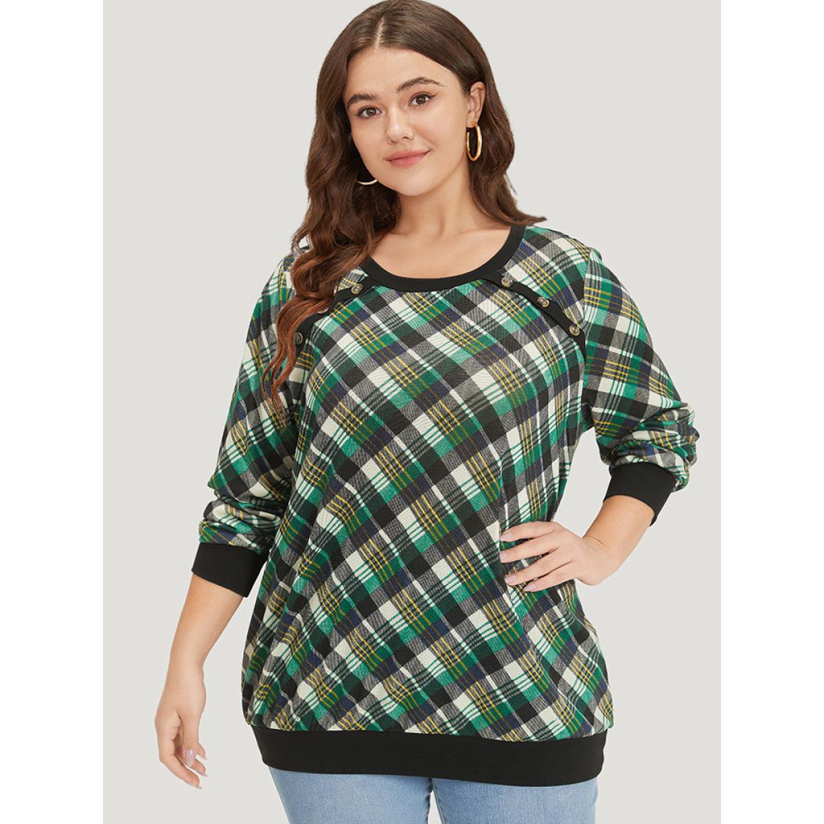 Plus Size Plaid Button Detail Elastic Cuffs Crew Neck Sweatshirt Women Green Casual Elastic cuffs Round Neck Dailywear Sweatshirts BloomChic 26/4X Product Image