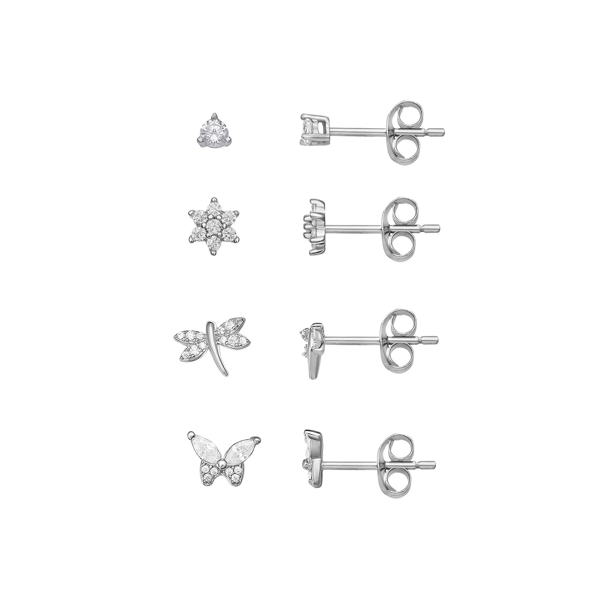 PRIMROSE 4-pair Sterling Silver Cubic Zirconia Flower, Dragonfly, & Butterfly Stud Earring Set, Women's Product Image
