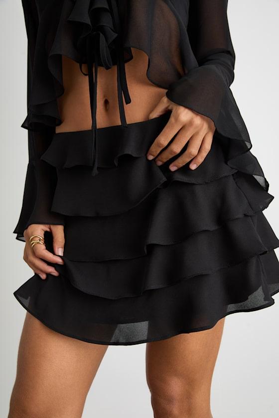 Kaisley Black Tiered Ruffled High-Rise Mini Skirt Product Image