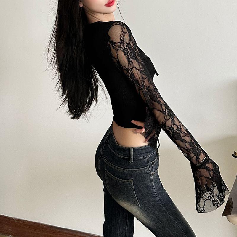 Bell Sleeve Lace Panel Plain Tie-Front Corset Top Product Image