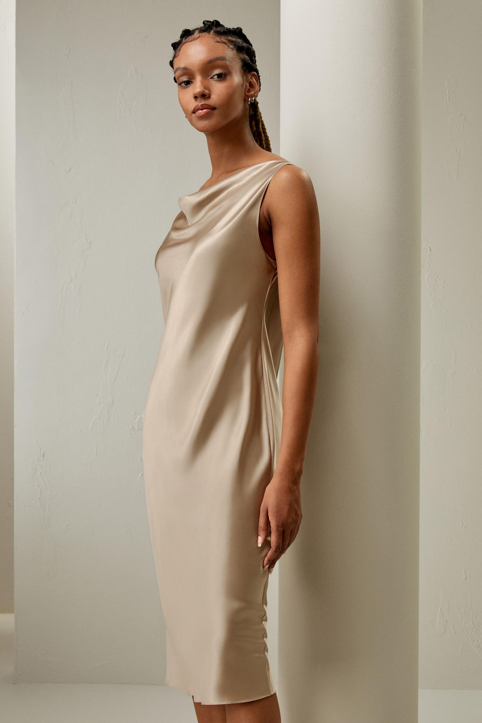 Cowl-Neck Watershine Silk Midi Dress Product Image