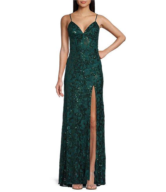 Blondie Nites Spaghetti Strap V-Neck Full Lace Strap Tie Back Dress Product Image