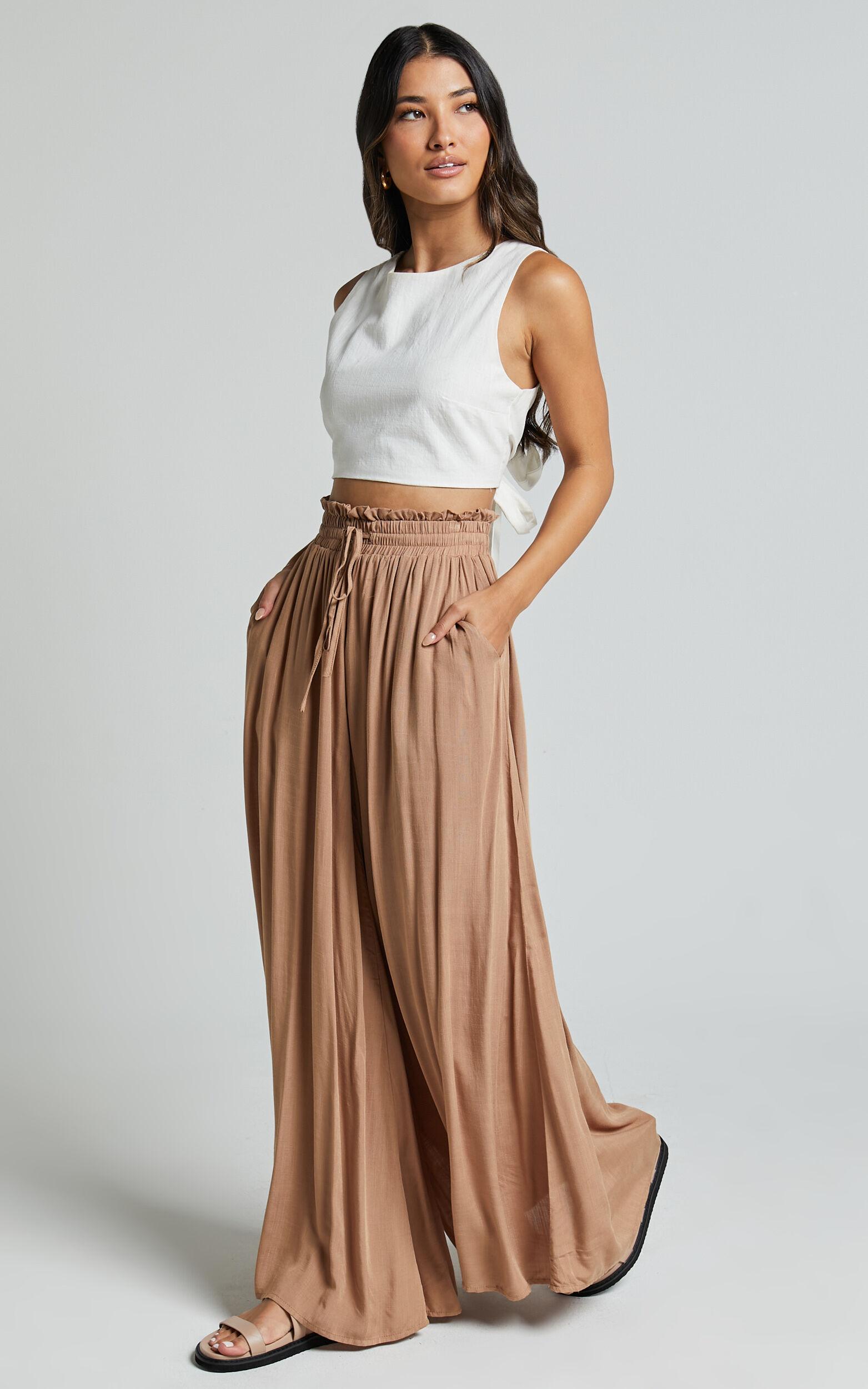 Hany Pants - High Waist Drawstring Wide Leg Pants in Latte Product Image