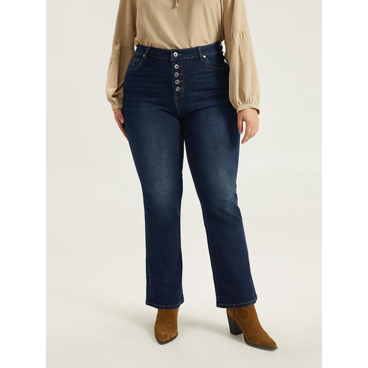 Plus Size Straight Leg Button Fly Pocket Jeans Women Indigo Casual Plain Plain High stretch Pocket Jeans BloomChic 16/1X Product Image