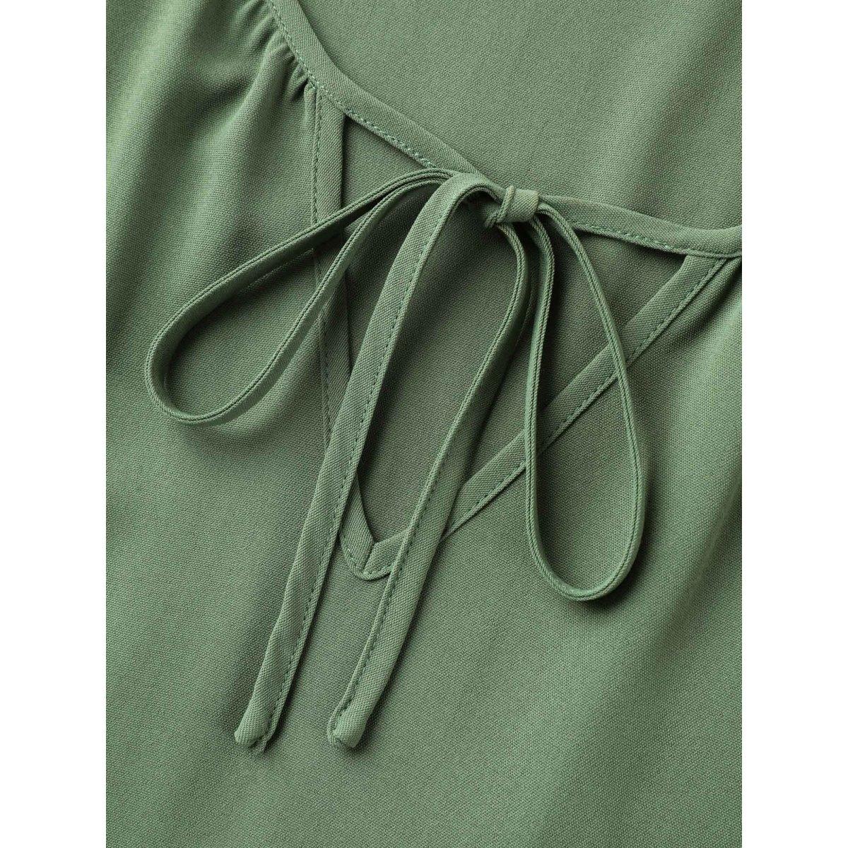 Plus Size Split Neck Tie Layered Sleeve Midi Dress ArmyGreen Women Casual Tie knot V-neck Short sleeve Curvy BloomChic 26/4X Product Image