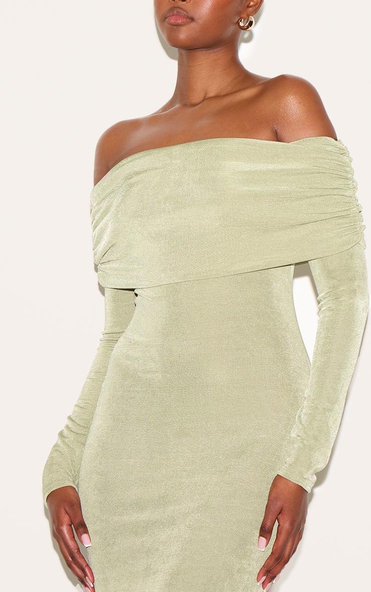 Sage Green Acetate Slinky Bardot Long Sleeve Maxi Dress Product Image
