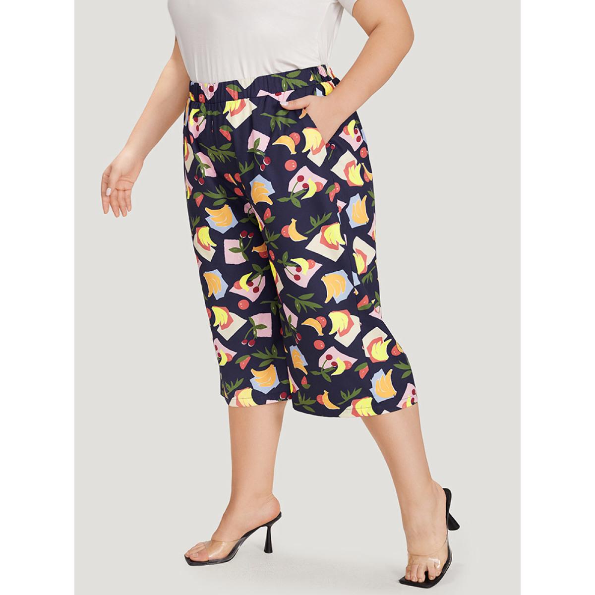 Plus Size Fruit Print Slant Pocket Elastic Waist Pants Women Multicolor Elegant High Rise Dailywear Pants BloomChic 12/L Product Image