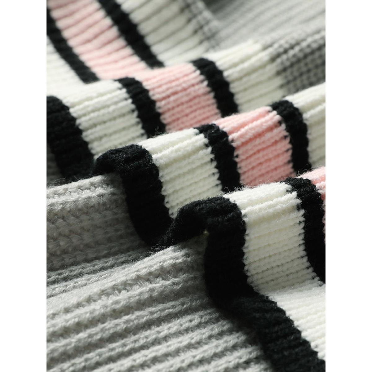 Plus Size Striped Contrast Drop Shoulder Elastic Cuffs Cardigan LightGray Women Casual Loose Long Sleeve Dailywear Cardigans BloomChic 12/L Product Image