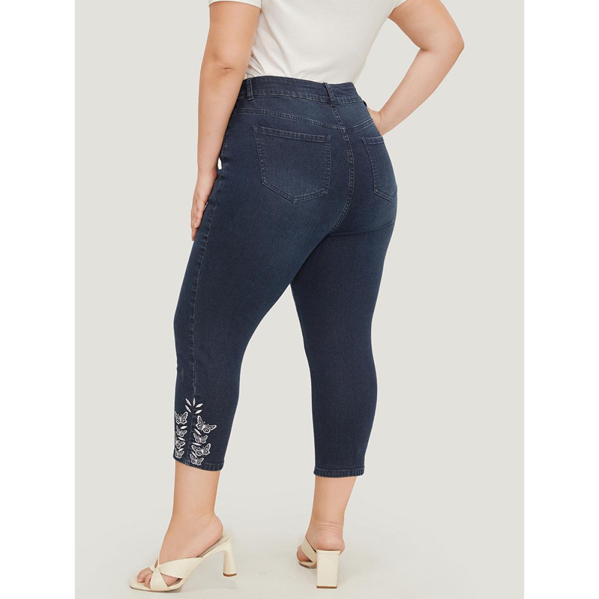 Plus Size Very Stretchy High Rise Dark Wash Butterfly Embroidered Jeans Women DarkBlue Casual Plain Embroidered High stretch Pocket Jeans BloomChic 26/4X Product Image