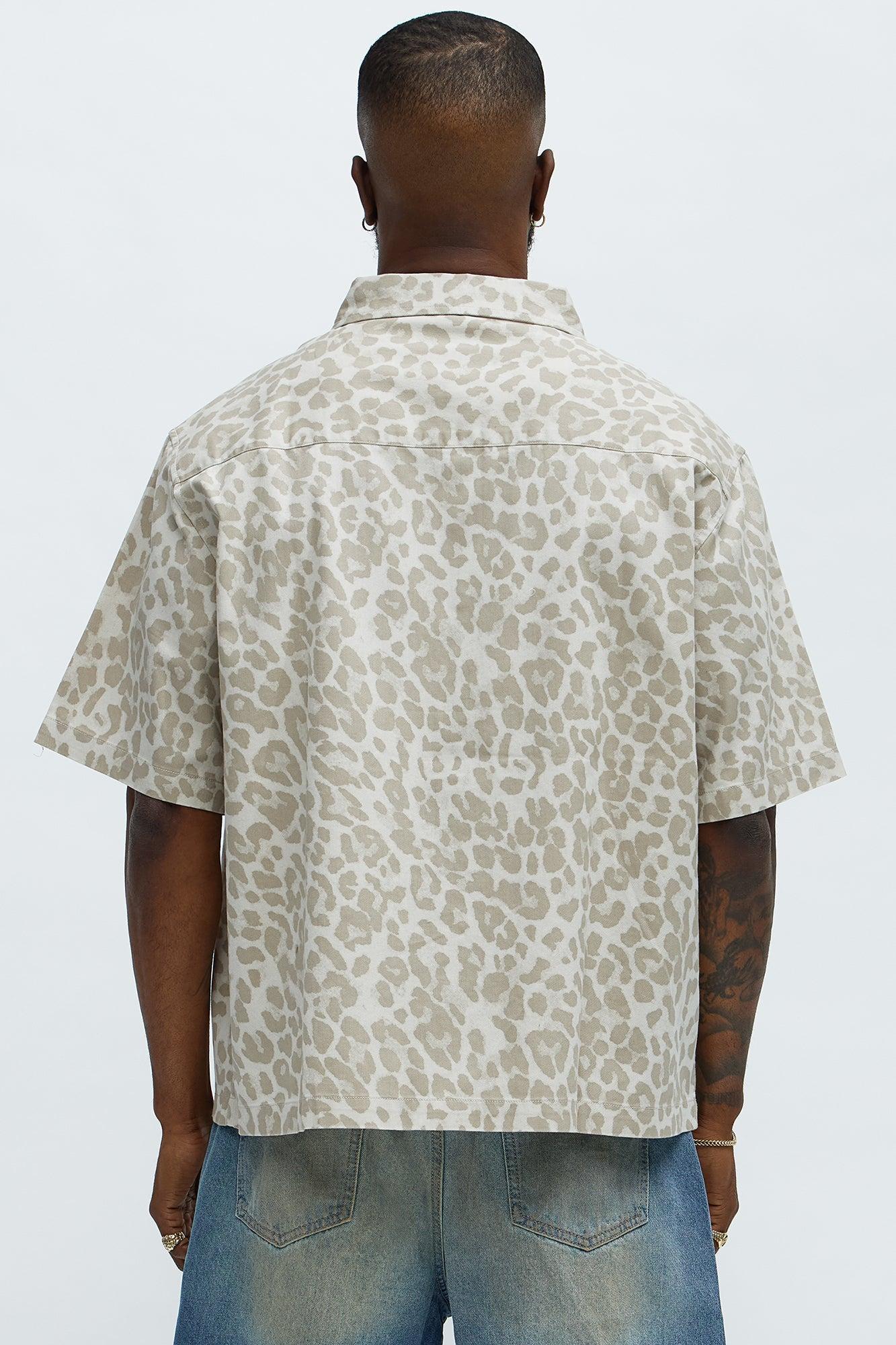 Relaxed Fit Leopard Saints Button Up Shirt - Tan/Multi Male Product Image