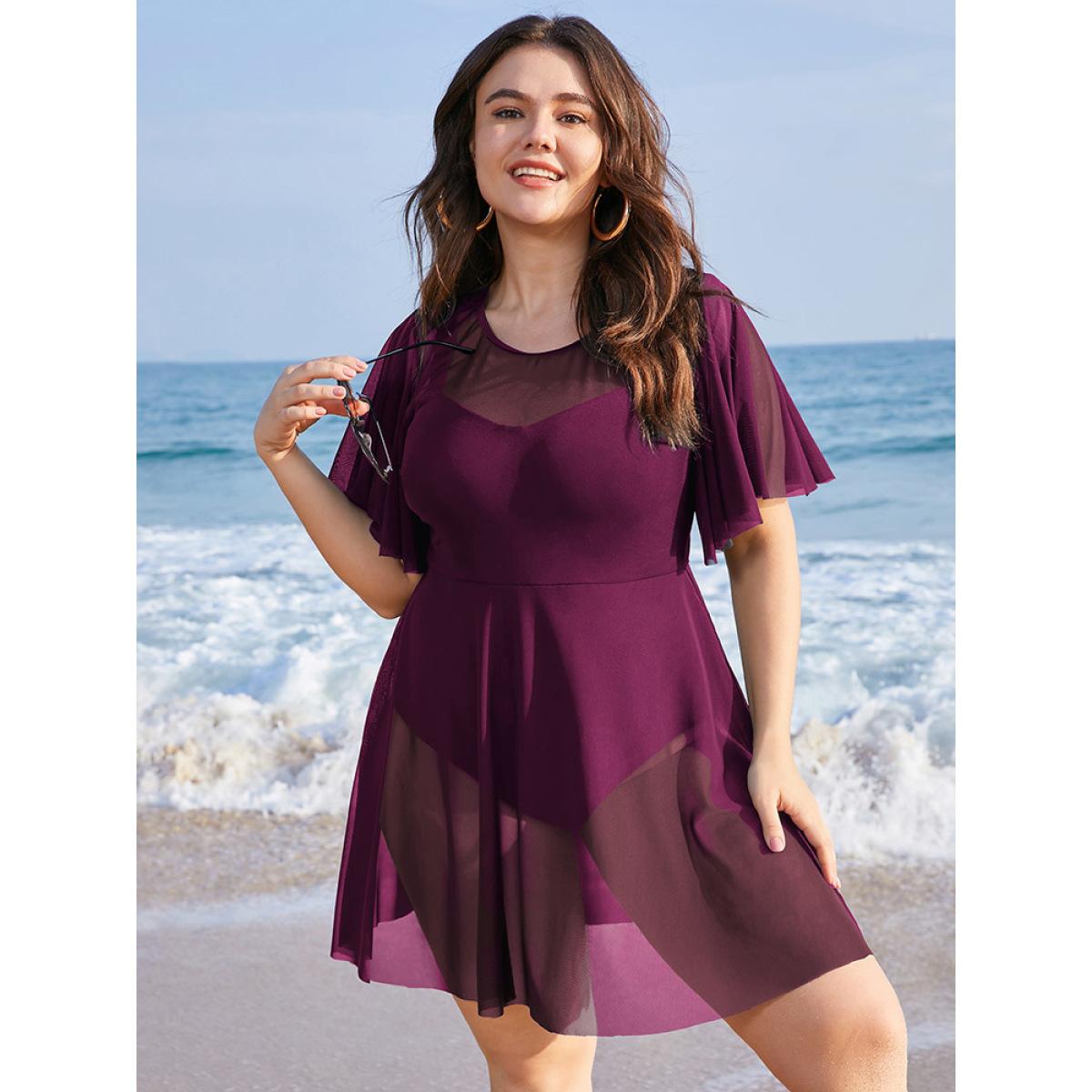 Plus Size Solid Mesh Patchwork Ruffle Sleeve Swim Dress Women's Swimwear RedViolet Vacation Bodycon Round Neck High stretch Curve Swim Dresses BloomChic 28/5X Product Image