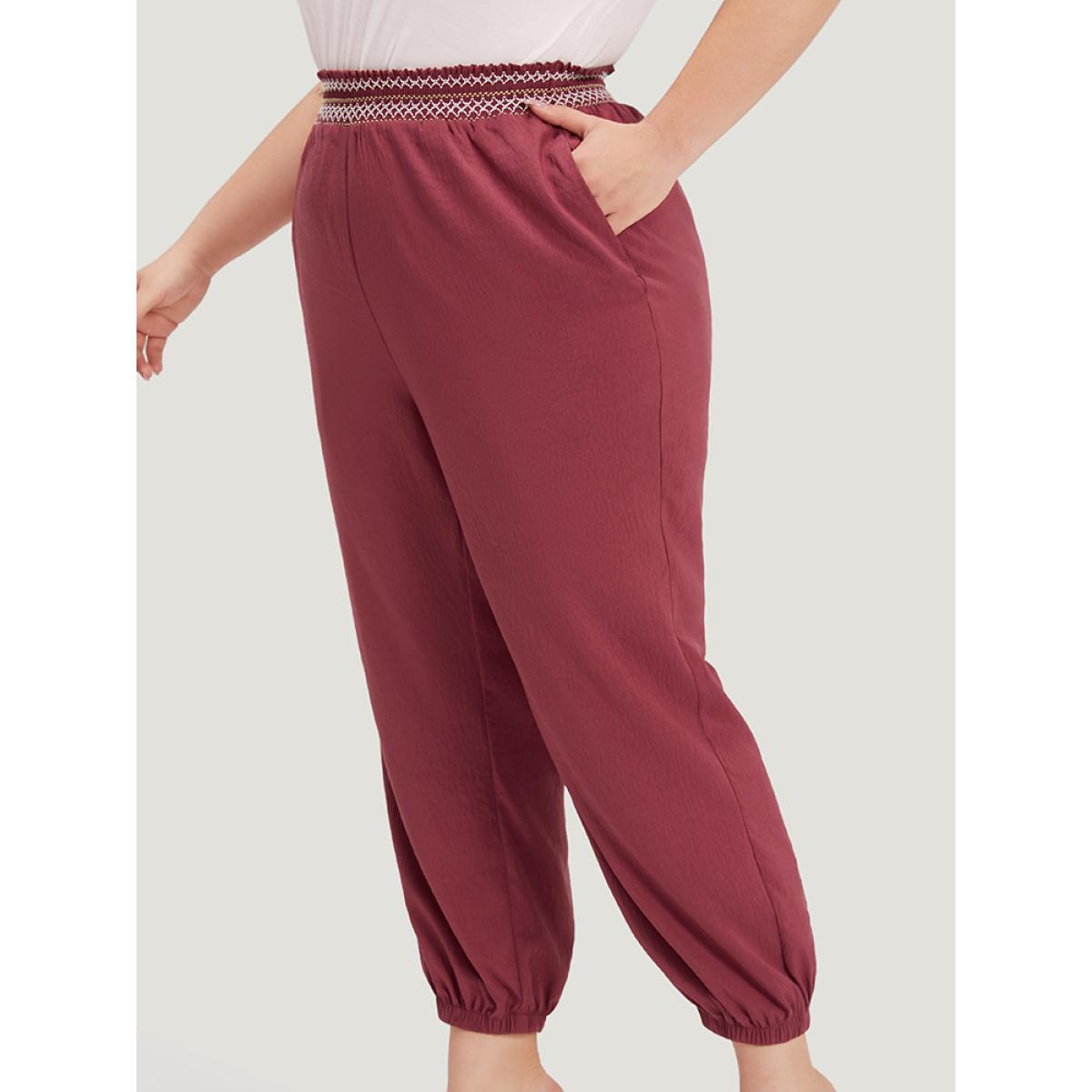 Plus Size Contrast Pocket Shirred Paperbag Waist Carrot Pants Women Burgundy Elegant High Rise Dailywear Pants BloomChic 14-16/1X Product Image