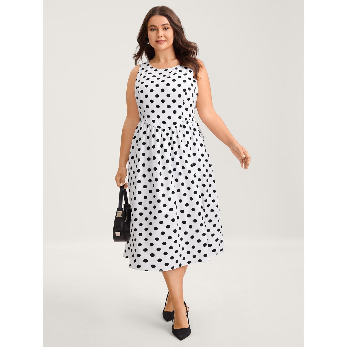 Plus Size Pretty Polka Dots Drop Waist Midi Dress Ivory Women Office Gathered Round Neck Sleeveless Curvy BloomChic 22-24/3X Product Image