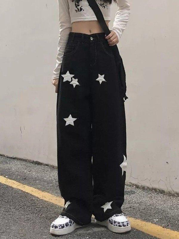 Black Wash Embroidered Star Boyfriend Jeans Product Image
