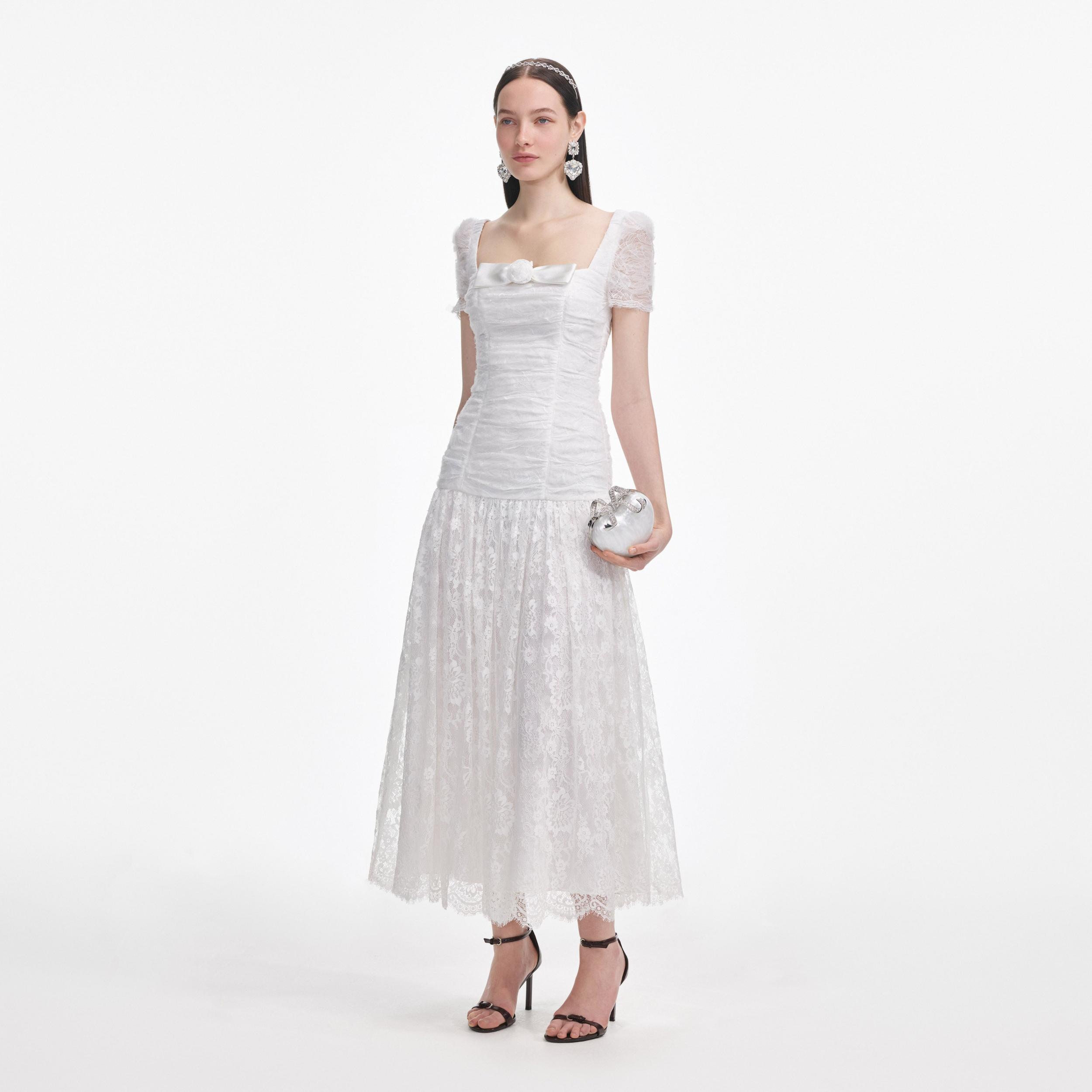 White Tulle Lace Gathered Midi Dress Product Image