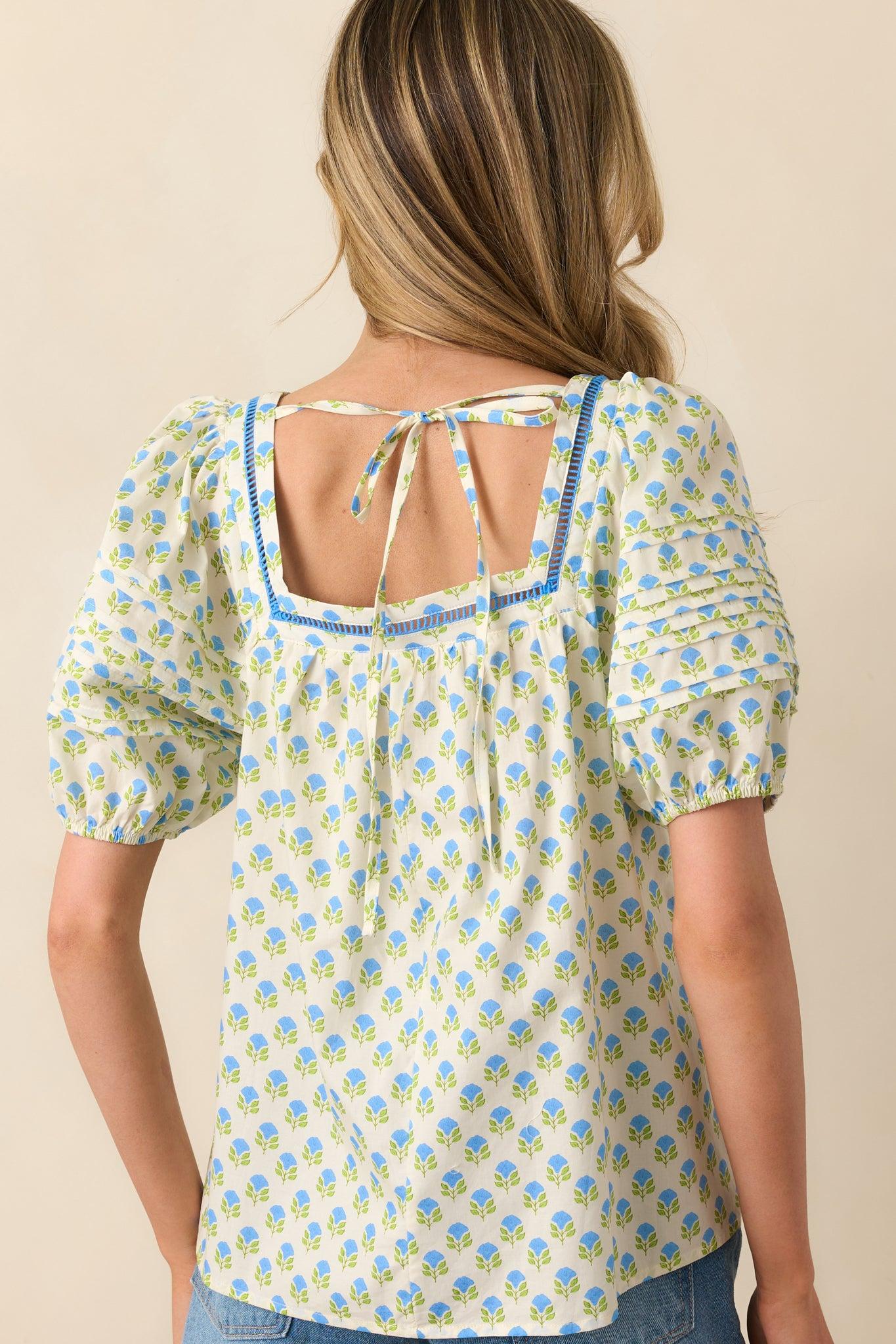 Right Where You Are Blue Floral Cotton Puff Sleeve Top Product Image