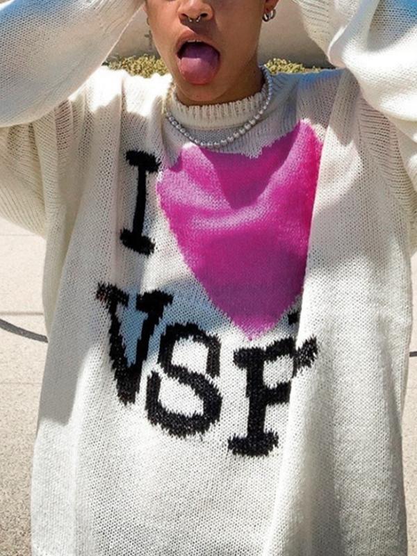 Men's Letter Heart Jacquard Crew Neck Knit Sweater Product Image