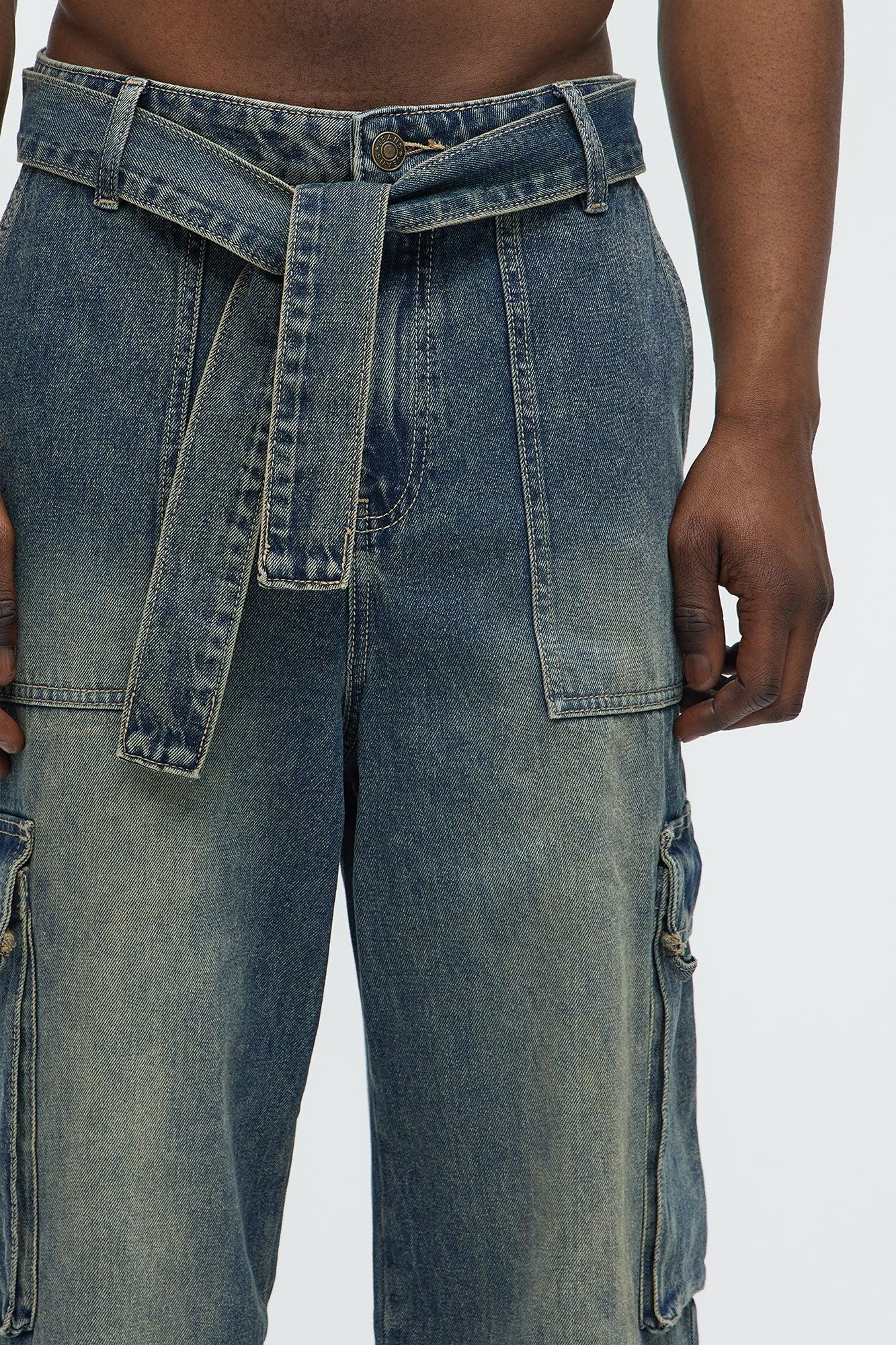 Tied Up Cargo Baggy Jeans - Medium Blue Wash Product Image