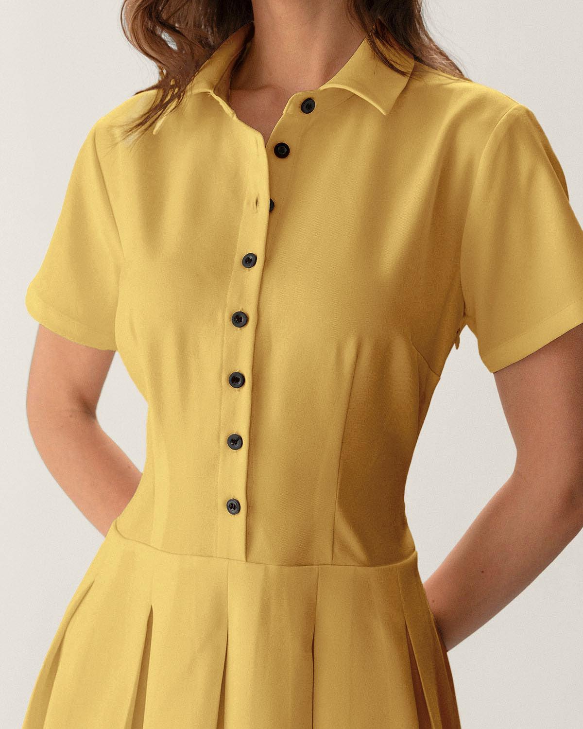 Yellow Button Pleated Mini Dress Product Image