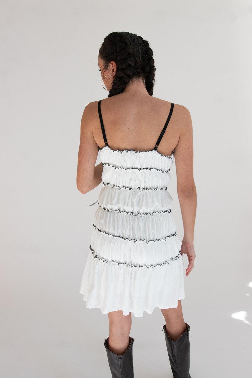 Contrast Stitch Ribbon Bow Tiered Mini Dress Product Image